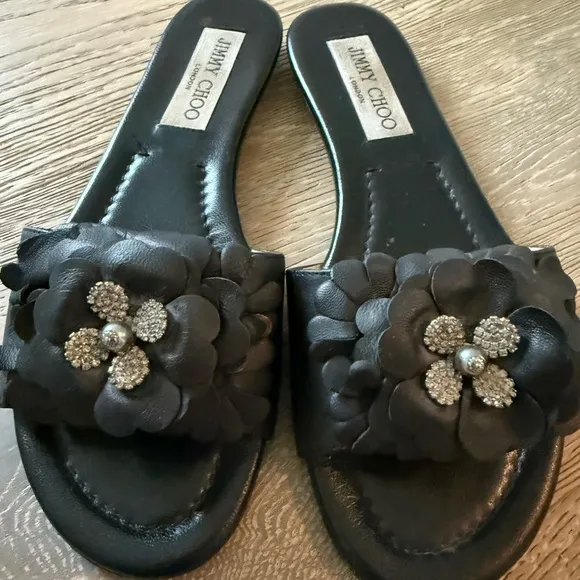 Jimmy Choo Black Embellished Slide Sandals