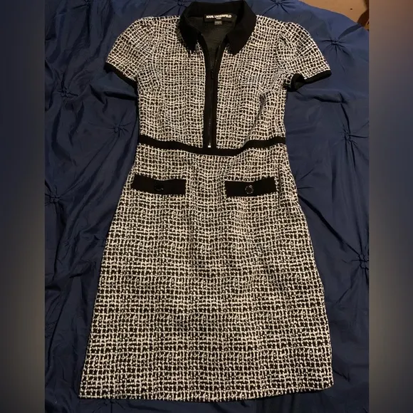 Karl Lagerfeld Black and White Sheath Mini Dress with fold over pointed collar