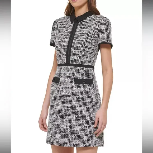 Karl Lagerfeld Black and White Sheath Mini Dress with fold over pointed collar