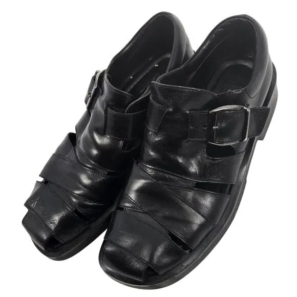 Kenneth Cole Black Leather Fisherman Sandals Mens 11 Made in Italy Quiet Luxury