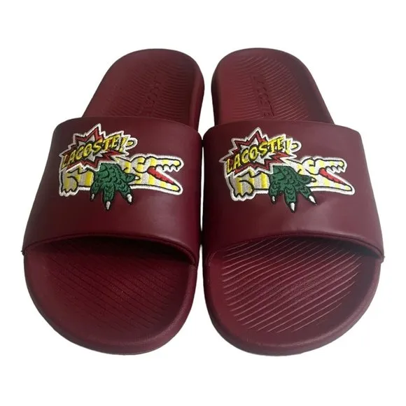 Lacoste Men's Croco Synthetic Slides/Sandals Burgundy/Yellow Size 12