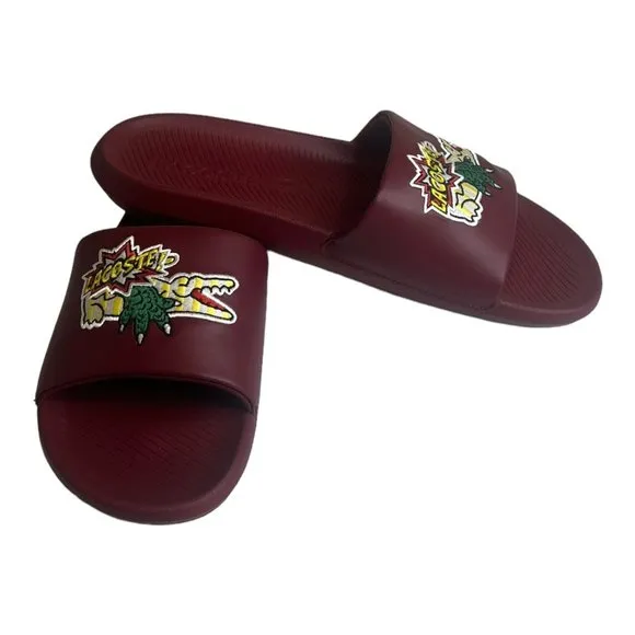 Lacoste Men's Croco Synthetic Slides/Sandals Burgundy/Yellow Size 12