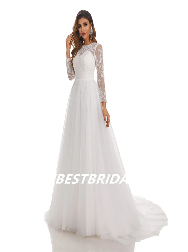 Lvory A-Line Floor-length applique Long Sleeves Handmade Lace Wedding Dressess, WDY0183
