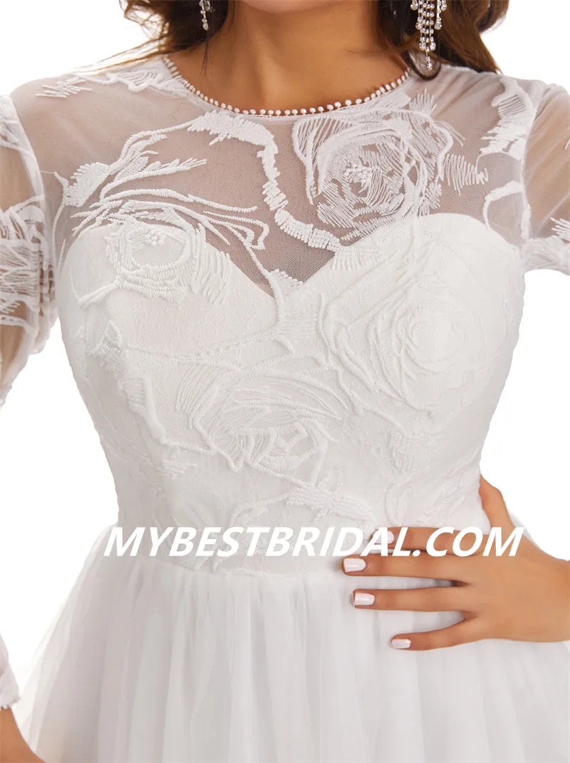 Lvory A-Line Floor-length applique Long Sleeves Handmade Lace Wedding Dressess, WDY0183