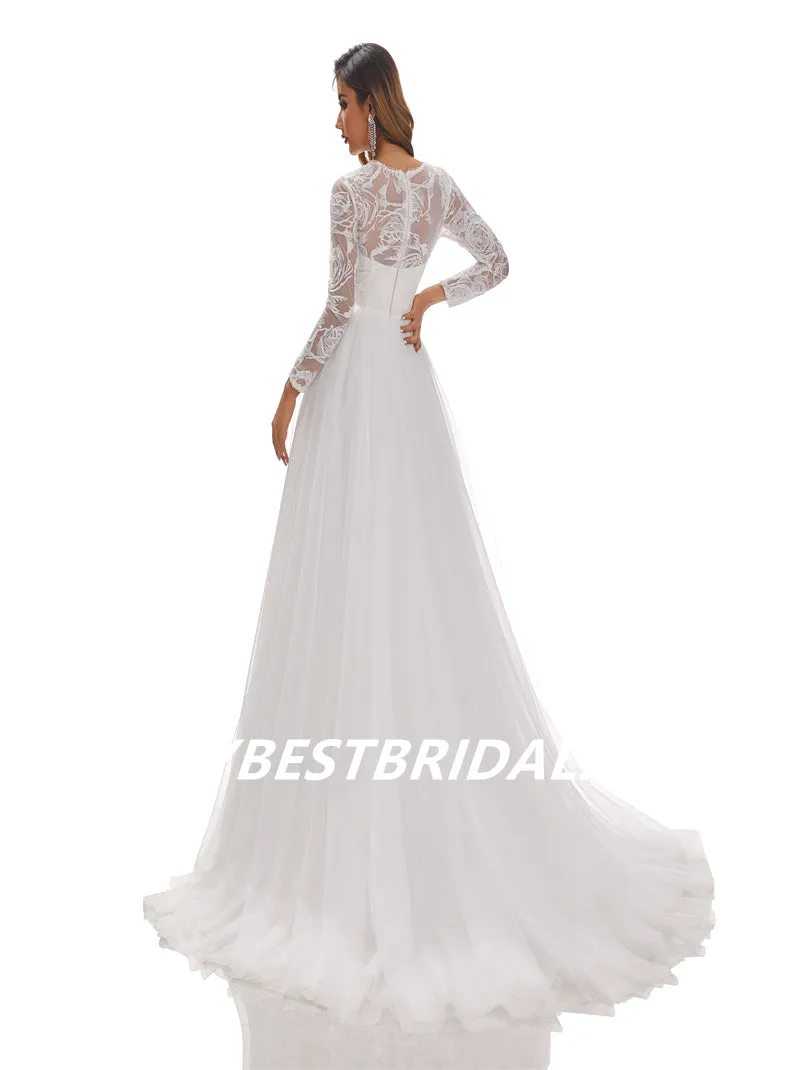 Lvory A-Line Floor-length applique Long Sleeves Handmade Lace Wedding Dressess, WDY0183