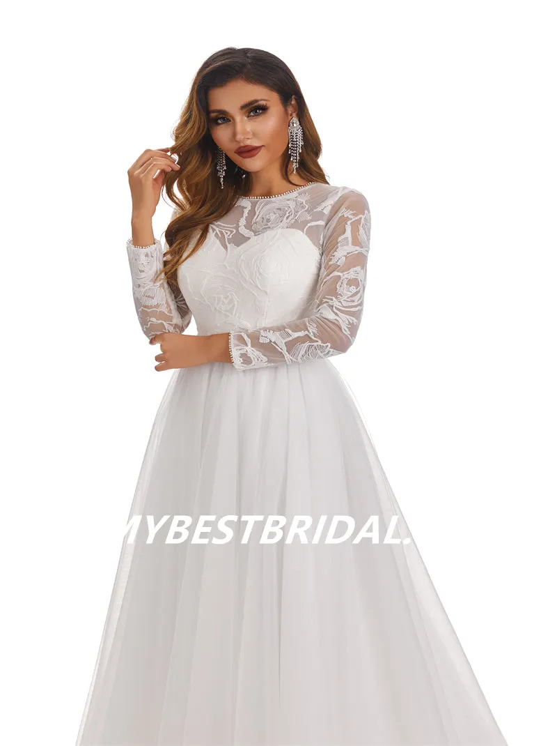 Lvory A-Line Floor-length applique Long Sleeves Handmade Lace Wedding Dressess, WDY0183