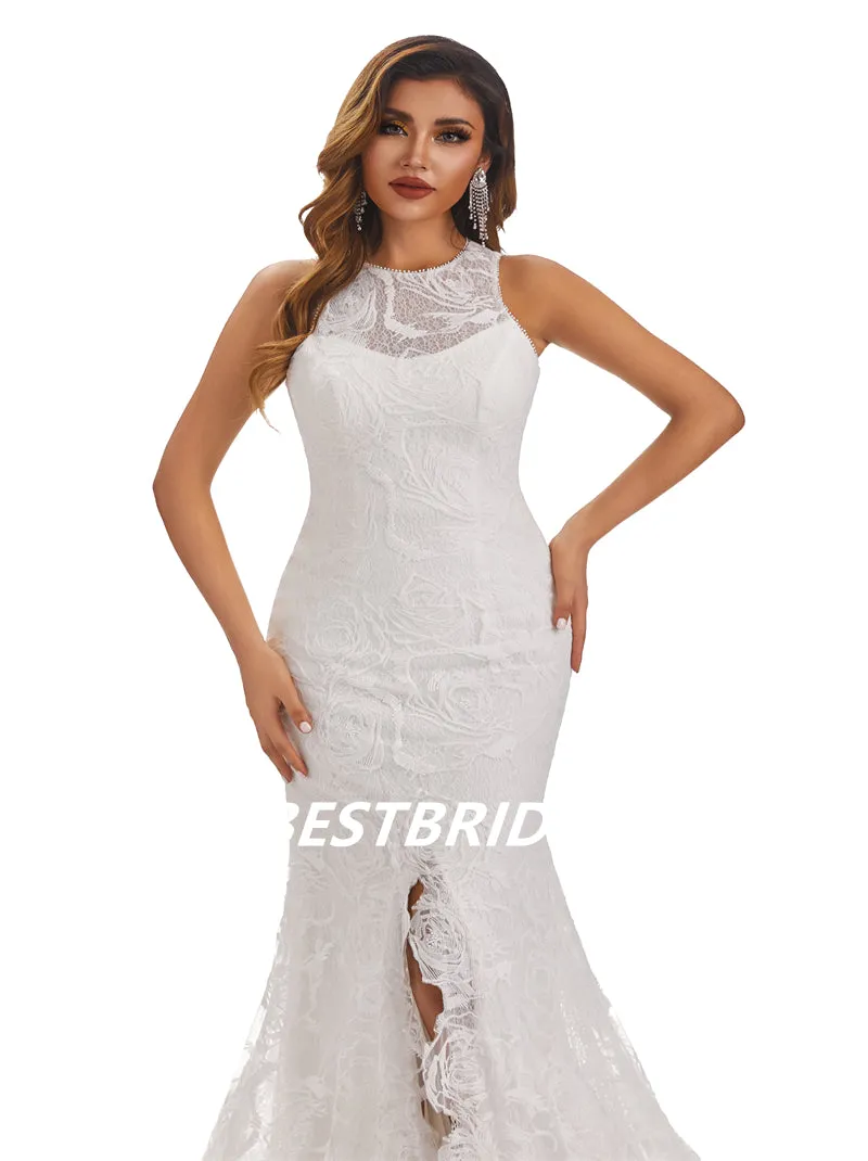 Lvory Lace Sleeveless Mermaid Applique Side slit Wedding Dresses, WDY0181