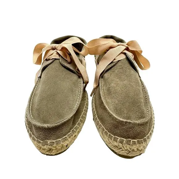 Manebi NWB Hamptons Taupe Suede Leather Ribbon Tie Slip On Casual Boat Shoes