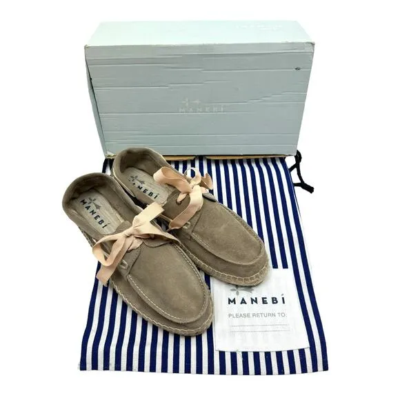 Manebi NWB Hamptons Taupe Suede Leather Ribbon Tie Slip On Casual Boat Shoes