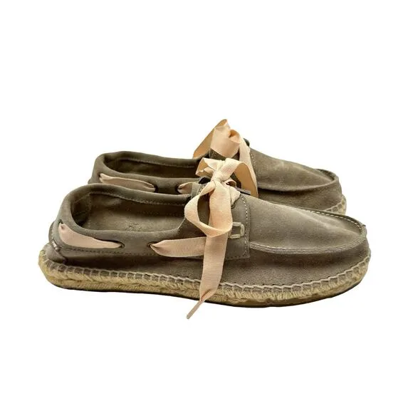 Manebi NWB Hamptons Taupe Suede Leather Ribbon Tie Slip On Casual Boat Shoes