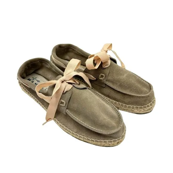 Manebi NWB Hamptons Taupe Suede Leather Ribbon Tie Slip On Casual Boat Shoes