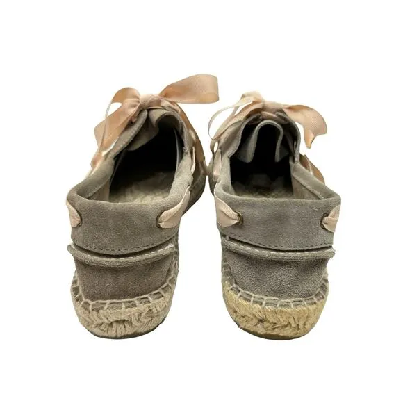 Manebi NWB Hamptons Taupe Suede Leather Ribbon Tie Slip On Casual Boat Shoes