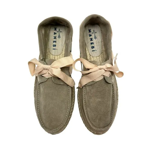 Manebi NWB Hamptons Taupe Suede Leather Ribbon Tie Slip On Casual Boat Shoes