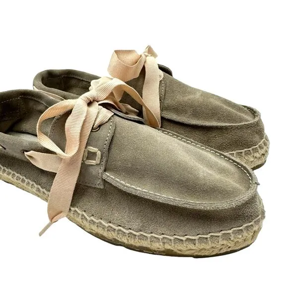 Manebi NWB Hamptons Taupe Suede Leather Ribbon Tie Slip On Casual Boat Shoes