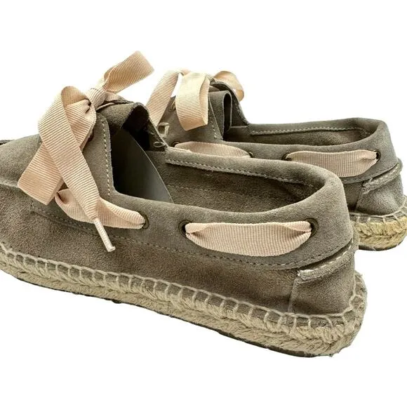 Manebi NWB Hamptons Taupe Suede Leather Ribbon Tie Slip On Casual Boat Shoes