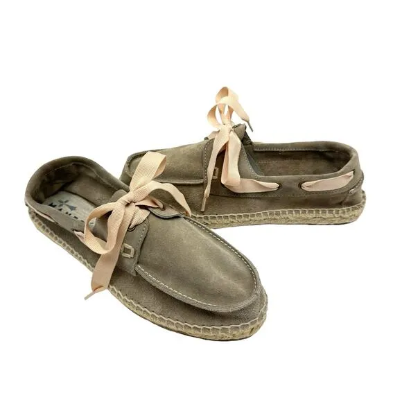 Manebi NWB Hamptons Taupe Suede Leather Ribbon Tie Slip On Casual Boat Shoes