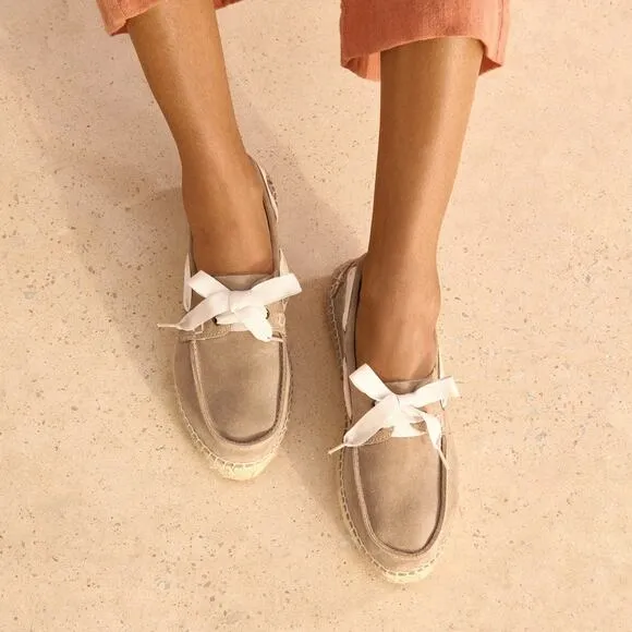 Manebi NWB Hamptons Taupe Suede Leather Ribbon Tie Slip On Casual Boat Shoes
