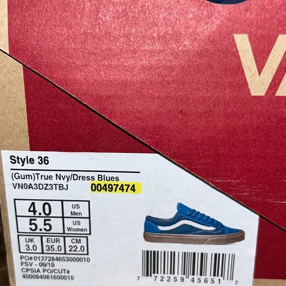 Men’s Size 4 Women’s size 5.5 VANS Style 36 Gum True Navy Dress Blues 00497474