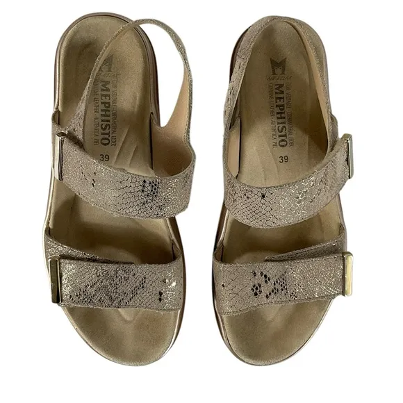 Mephisto Dominica Sandals Light Taupe Metallic Leather Size 39 US 9