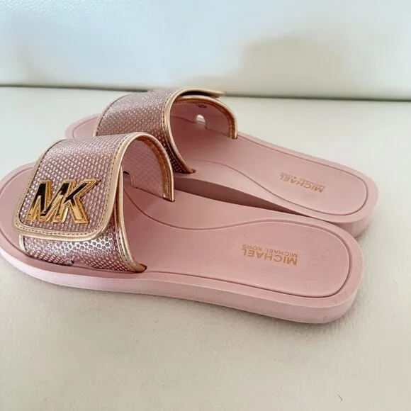 Michael Kors MK Slide Sandals Glitter Chain Mesh Comfort pink rose gold Size 8