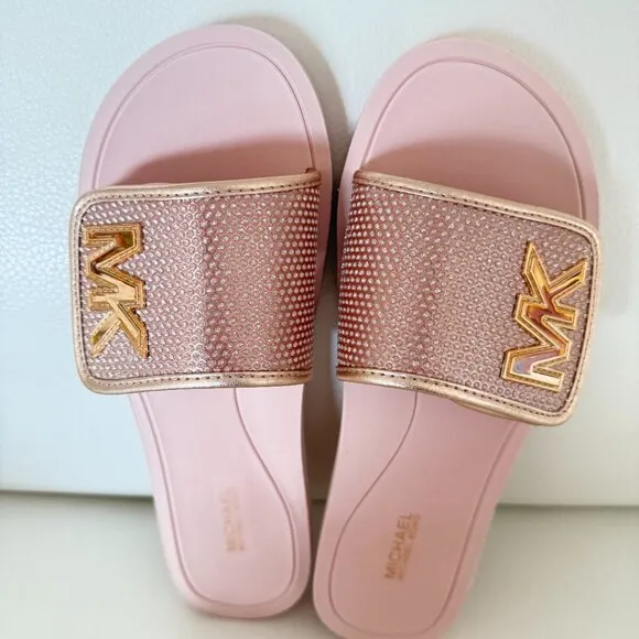 Michael Kors MK Slide Sandals Glitter Chain Mesh Comfort pink rose gold Size 8