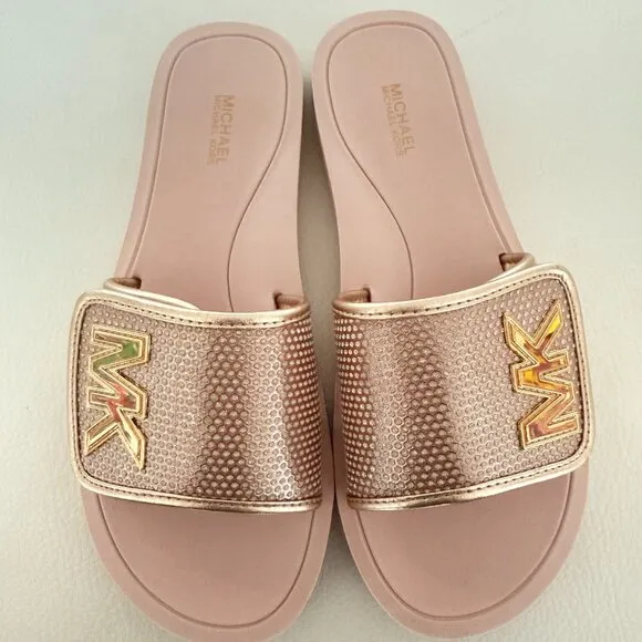 Michael Kors MK Slide Sandals Glitter Chain Mesh Comfort pink rose gold Size 8