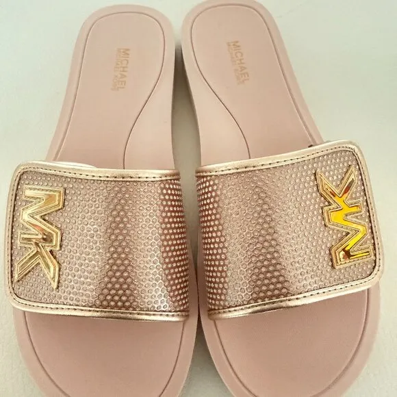 Michael Kors MK Slide Sandals Glitter Chain Mesh Comfort pink rose gold Size 8