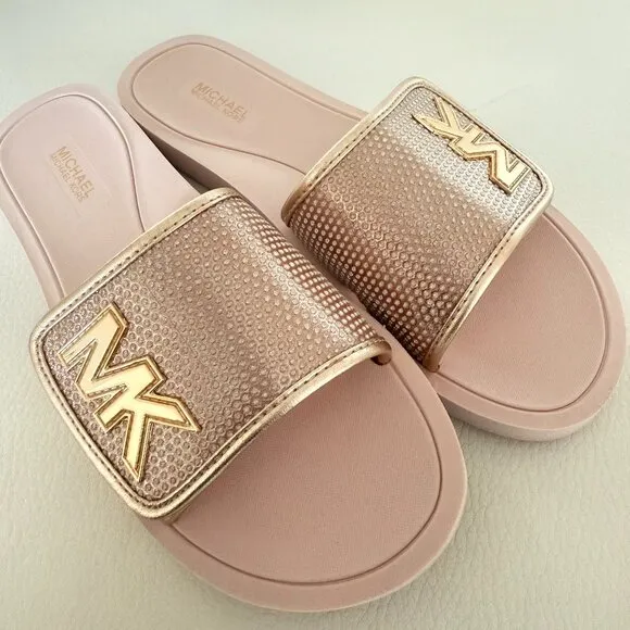 Michael Kors MK Slide Sandals Glitter Chain Mesh Comfort pink rose gold Size 8