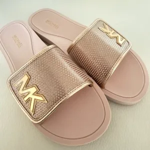 Michael Kors MK Slide Sandals Glitter Chain Mesh Comfort pink rose gold Size 8