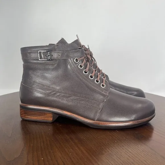 Naot Kona Ankle Boot Womens 38 / 7 Brown Leather Comfort Side Zip Lace up Buckle