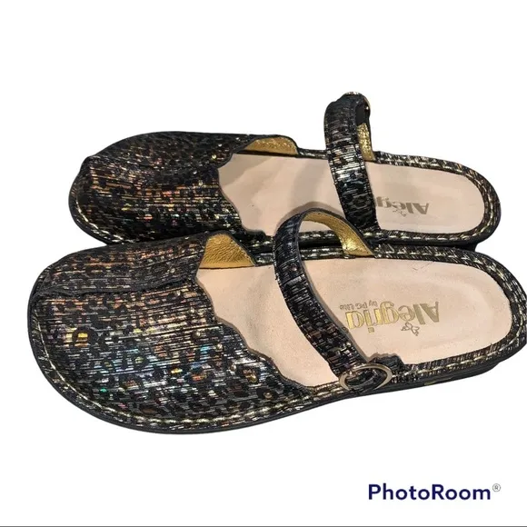 NEW Alegria Tuscany Iridescent Leopard Print Mary Jane Clogs Shoes size 37