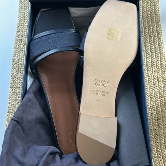 New in box Malone Souliers slide sandals in size 41, navy blue, linen/leather