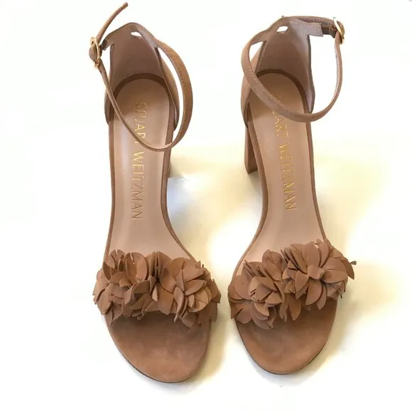 NEW Stuart Weitzman Nearly Nude Floral Sandals Womens 7 Beige Suede Open Toe NIB