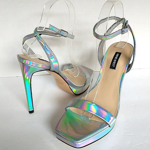 New w/o Box Nine West Zadie Square Toe Iridescent Ankle-Strap Dress Sandal