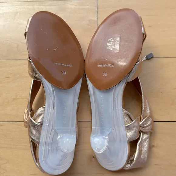 nib CLERGERIE PARIS Translucent Wedge Heel Sandals in Rose Gold – size 7.5