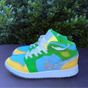 Nike Air Jordan 1 Mid 'Recycled Grind' Size 5Y Blue/Green/Yellow