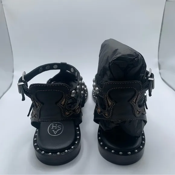NWB Ash Women's Plaza Leather T-Strap Sandals size 37 US 6.5 black leather