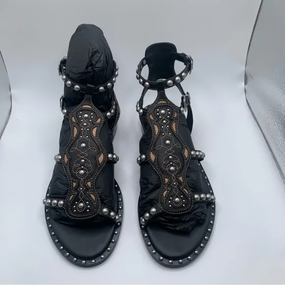 NWB Ash Women's Plaza Leather T-Strap Sandals size 37 US 6.5 black leather