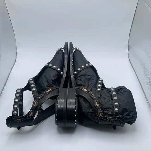 NWB Ash Women's Plaza Leather T-Strap Sandals size 37 US 6.5 black leather
