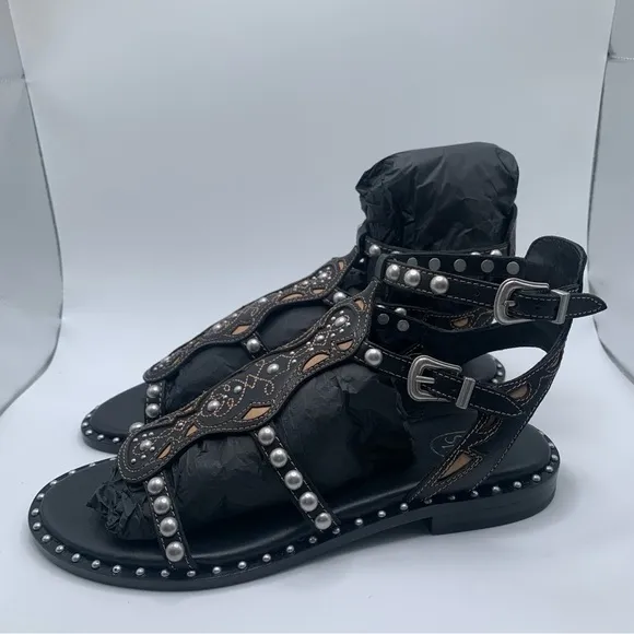 NWB Ash Women's Plaza Leather T-Strap Sandals size 37 US 6.5 black leather