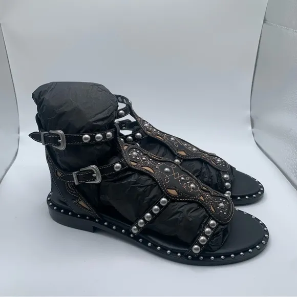NWB Ash Women's Plaza Leather T-Strap Sandals size 37 US 6.5 black leather