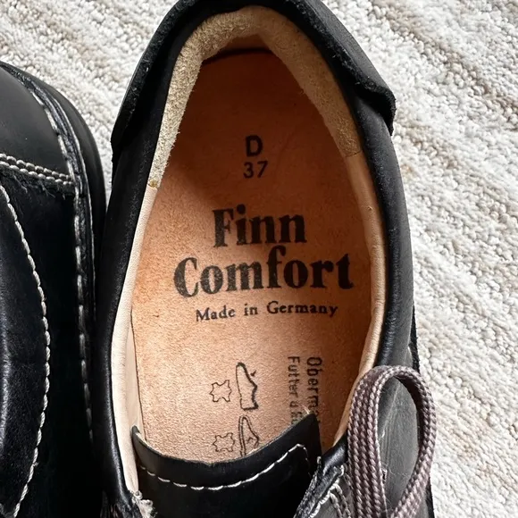 NWOB Finn Comfort Lexington, Black Plissee Leather Shoe Lace-Up Sz EU 37 US 6.5