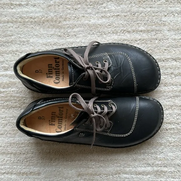 NWOB Finn Comfort Lexington, Black Plissee Leather Shoe Lace-Up Sz EU 37 US 6.5