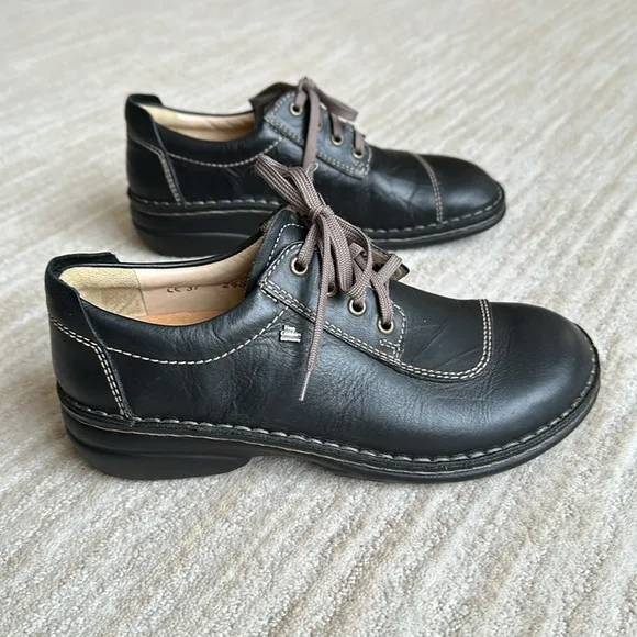 NWOB Finn Comfort Lexington, Black Plissee Leather Shoe Lace-Up Sz EU 37 US 6.5