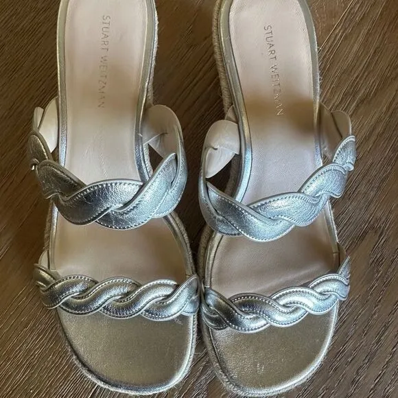 NWOB Stuart Weitzman Twisted Espadrille Slide Sandals In Platino