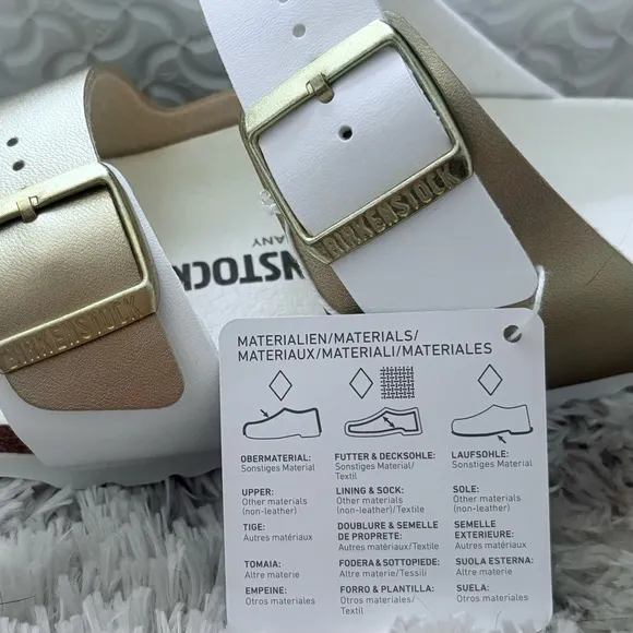 nwt Birkenstock Arizona Split Birko-Flor White/Gold Metallic Sandals Size 37