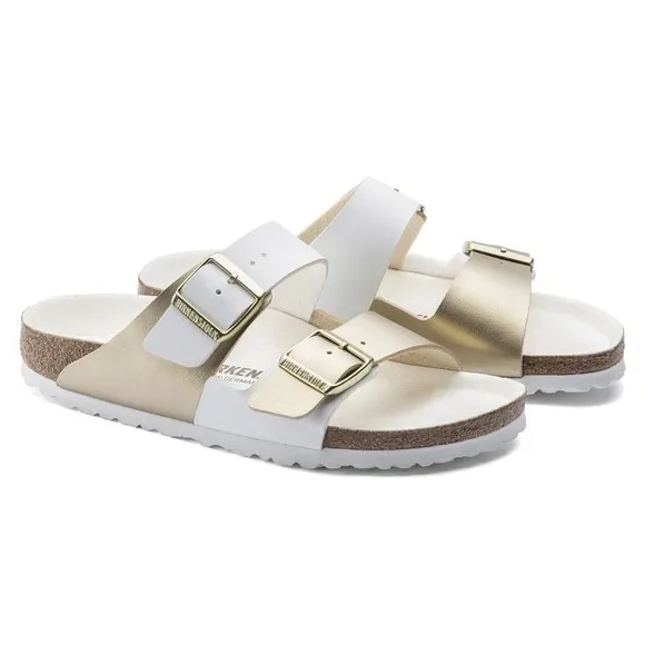 nwt Birkenstock Arizona Split Birko-Flor White/Gold Metallic Sandals Size 37