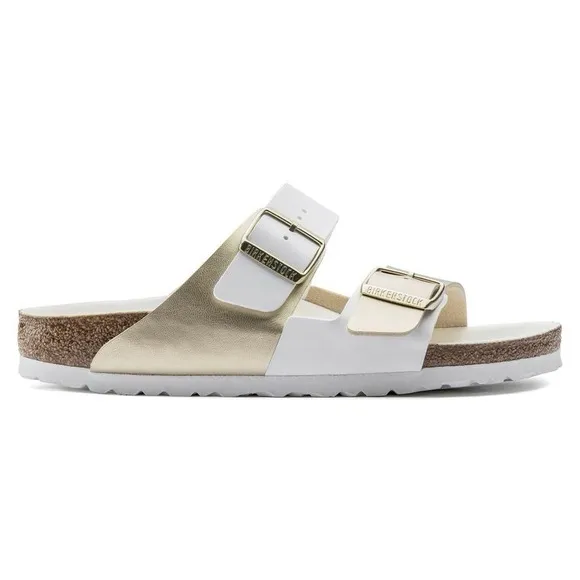 nwt Birkenstock Arizona Split Birko-Flor White/Gold Metallic Sandals Size 37