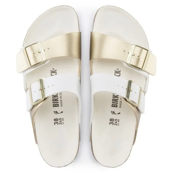 nwt Birkenstock Arizona Split Birko-Flor White/Gold Metallic Sandals Size 37
