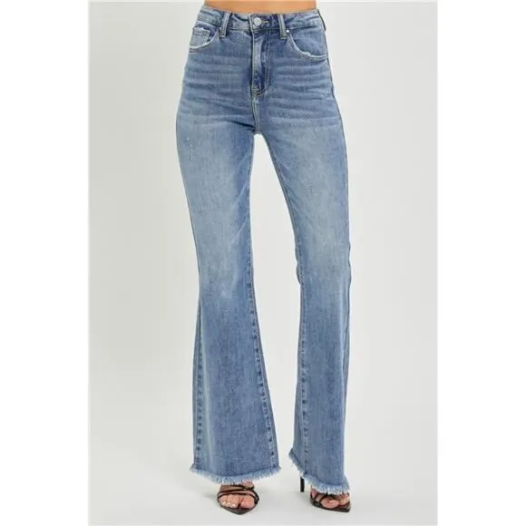 NWT RISEN High Waist Raw Hem Flare Jeans, Retro Look, Stretch Denim